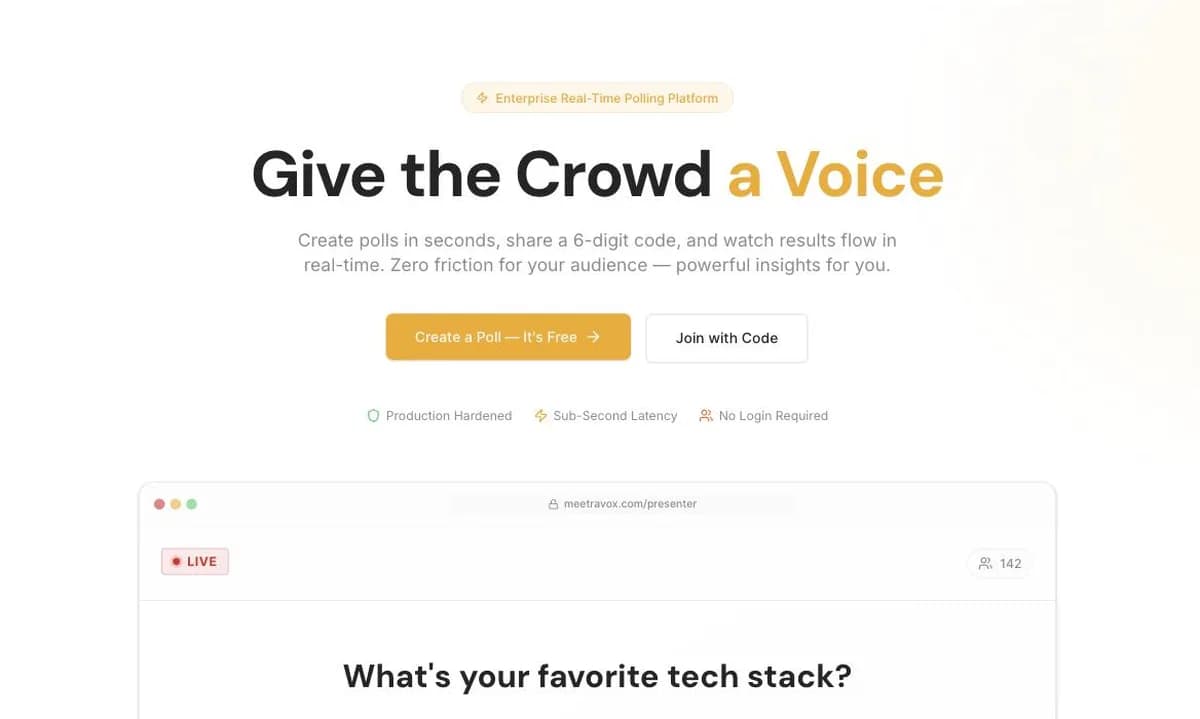 Meetra Vox home page: Give the Crowd a Voice, real-time audience polling