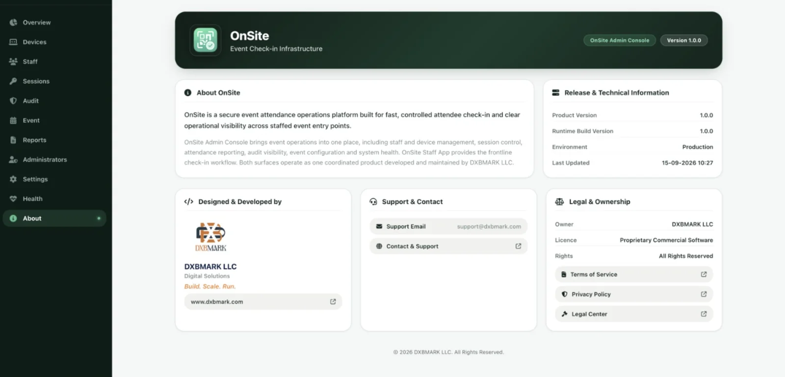OnSite admin console: one place for staff, devices, sessions and audit